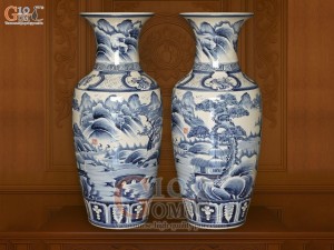 Đôi lộc bình men tràm cổ vẽ cảnh sơn thủy, cao 80cm