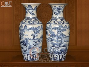 Đôi lộc bình men tràm cổ vẽ cảnh sơn thủy, cao 80cm