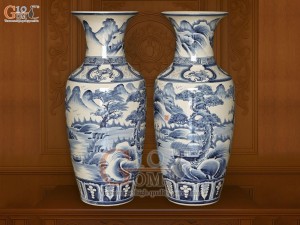 Đôi lộc bình men tràm cổ vẽ cảnh sơn thủy, cao 80cm