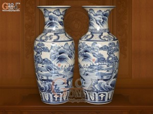 Đôi lộc bình men tràm cổ vẽ cảnh sơn thủy, cao 80cm