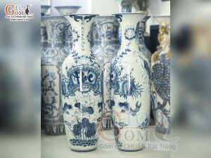 Đôi lộc bình men chàm cổ vẽ Phúc Đức Sen Cá, cao 1m40