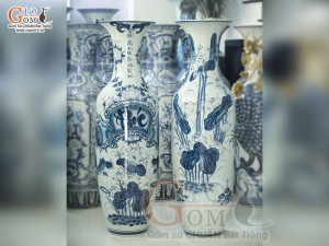 Đôi lộc bình men chàm cổ vẽ Phúc Đức Sen Cá, cao 1m40