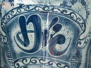 Đôi lộc bình men chàm cổ vẽ Phúc Đức Sen Cá, cao 1m40