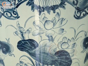 Đôi lộc bình men chàm cổ vẽ Phúc Đức Sen Cá, cao 1m40