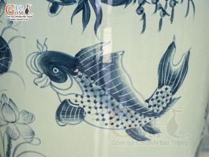 Đôi lộc bình men chàm cổ vẽ Phúc Đức Sen Cá, cao 1m40