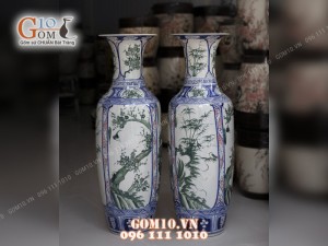 Đôi lộc bình men trắng dáng thon, họa tiết Tứ Cảnh ( Tùng-Cúc-Trúc-Mai ) Cao 87cm
