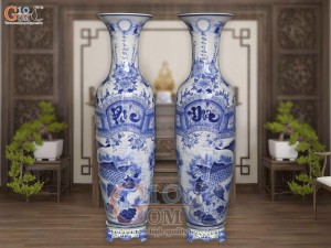 Đôi lộc bình men trắng vẽ Phúc  Đức - cửu ngư quần hội , cao 1m40