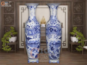 Đôi lộc bình men trắng vẽ Phúc  Đức - cửu ngư quần hội , cao 1m40