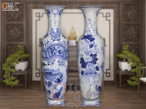 Đôi lộc bình men trắng vẽ Phúc  Đức - cửu ngư quần hội , cao 1m40