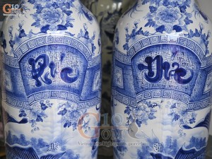 Đôi lộc bình men trắng vẽ Phúc  Đức - cửu ngư quần hội , cao 1m40