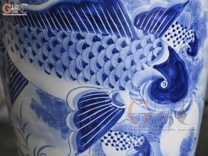 Đôi lộc bình men trắng vẽ Phúc  Đức - cửu ngư quần hội , cao 1m40