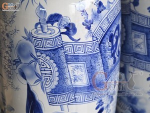 Đôi lộc bình men trắng vẽ Phúc  Đức - cửu ngư quần hội , cao 1m40