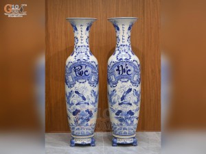 Đôi lộc bình men trắng vẽ Phúc Đức Trường Thọ, cao 1m75