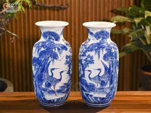 Đôi lộc bình men trắng vẽ Tùng Hạc, cao 44cm
