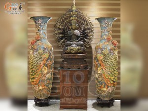 Đôi lộc bình men vân mây đắp nổi Công Đào Phú Quý vẽ vàng 24k cao cấp, cao 160cm