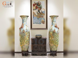 Đôi lộc bình men vân mây đắp nổi Công Đào Tài Lộc vẽ vàng 24k cao cấp, cao 160cm