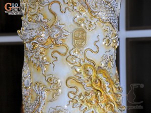 Đôi lộc bình men vân mây đắp nổi Cửu Long vờn mây vẽ vàng 24k, cao 2m