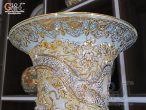 Đôi lộc bình men vân mây đắp nổi Cửu Long vờn mây vẽ vàng 24k, cao 2m