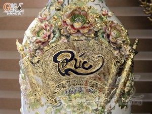 Đôi lộc bình men vân mây đắp nổi Phúc Đức vẽ vàng 24k cao cấp, cao 1m60