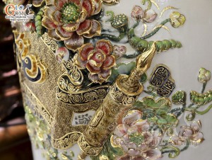 Đôi lộc bình men vân mây đắp nổi Phúc Đức vẽ vàng 24k cao cấp, cao 1m60