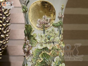 Đôi lộc bình men vân mây đắp nổi Phúc Đức vẽ vàng 24k cao cấp, cao 1m60