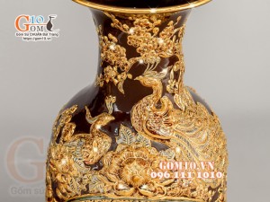 Đôi lộc bình Nâu đắp nổi Phúc Lộc Thọ - vẽ vàng 24k, cao 60cm