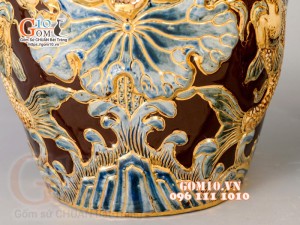 Đôi lộc bình Nâu đắp nổi Phúc Lộc Thọ - vẽ vàng 24k, cao 60cm