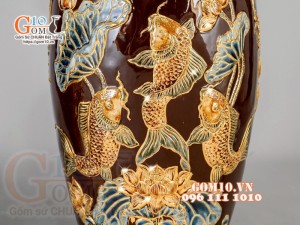 Đôi lộc bình Nâu đắp nổi Phúc Lộc Thọ - vẽ vàng 24k, cao 60cm