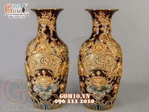 Đôi lộc bình Nâu đắp nổi Phúc Lộc Thọ - vẽ vàng 24k, cao 60cm