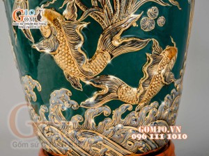 Đôi lộc bình Phúc Lộc Thọ đắp nổi vẽ vàng 24k, nền xanh lục bảo - cao 160cm