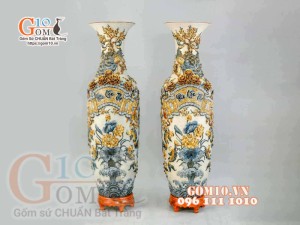 Đôi lộc bình Phúc Lộc Thọ men rạn đắp nổi, cao 160cm