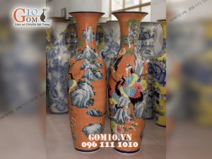 Đôi lộc bình vân giả gỗ, vẽ Bách Hạc Quần Tùng 1m6 – Hàng vẽ kĩ