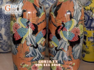 Đôi lộc bình vân giả gỗ, vẽ Bách Hạc Quần Tùng 1m6 – Hàng vẽ kĩ