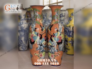 Đôi lộc bình vân giả gỗ, vẽ Bách Hạc Quần Tùng 1m6 – Hàng vẽ kĩ