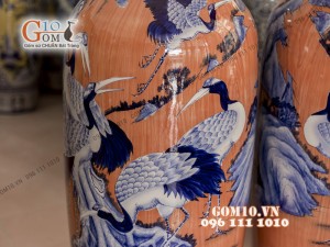 Đôi lộc bình vân giả gỗ, vẽ Bách Hạc Quần Tùng 1m6 – Hàng vẽ kĩ