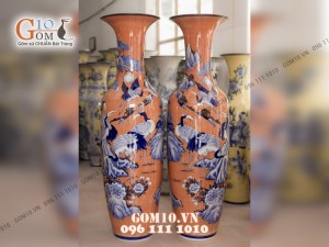 Đôi lộc bình vân giả gỗ, vẽ Bách Hạc Quần Tùng 1m6 – Hàng vẽ kĩ