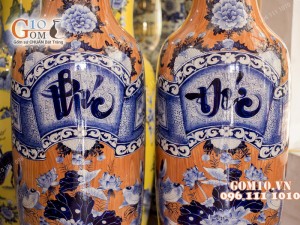 Đôi lộc bình vân giả gỗ, vẽ Phúc Đức, bọc đồng – Hàng vẽ kĩ , Cao 1m6