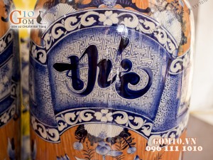 Đôi lộc bình vân giả gỗ, vẽ Phúc Đức, bọc đồng – Hàng vẽ kĩ , Cao 1m6