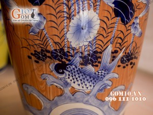 Đôi lộc bình vân giả gỗ, vẽ Phúc Đức, bọc đồng – Hàng vẽ kĩ , Cao 1m6