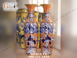 Đôi lộc bình vân giả gỗ, vẽ Phúc Đức, bọc đồng – Hàng vẽ kĩ , Cao 1m6