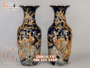 Đôi lộc bình Xanh coban đắp nổi Công Đào - vẽ vàng 24k, cao 60cm