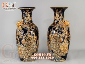 Đôi lộc bình Xanh coban đắp nổi Công Đào Kênh boong - vẽ vàng 24k, cao 60cm