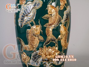 Đôi lộc bình Xanh lục bảo đắp nổi Phúc Lộc Thọ - vẽ vàng 24k, Cao 60cm