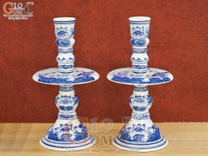 Đôi nến cây men lam cao cấp vẽ hoa sen cao 40cm