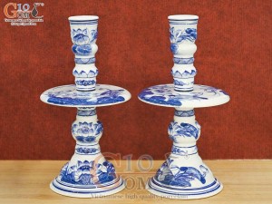 Đôi nến cây men lam cao cấp vẽ hoa sen cao 40cm