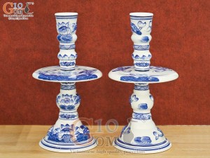 Đôi nến cây men lam cao cấp vẽ hoa sen cao 40cm