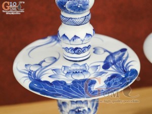 Đôi nến cây men lam cao cấp vẽ hoa sen cao 40cm