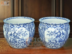 Đôi thống men lam cổ vẽ tứ cảnh Tùng Cúc Trúc Mai, đường kính 39cm