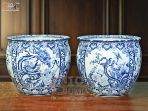 Đôi thống men lam cổ vẽ tứ cảnh Tùng Cúc Trúc Mai, đường kính 39cm