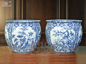 Đôi thống men lam cổ vẽ tứ cảnh Tùng Cúc Trúc Mai, đường kính 39cm